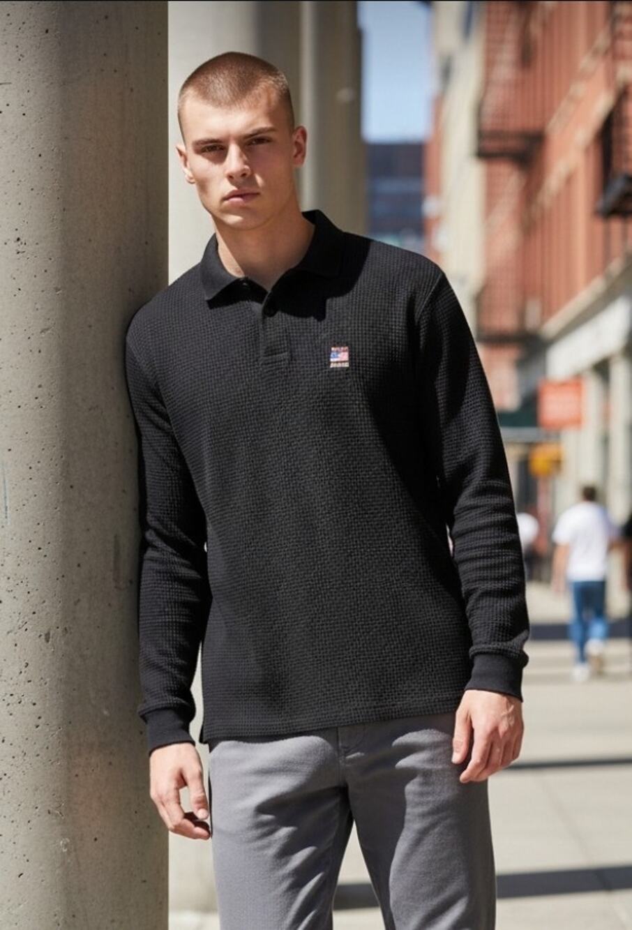 Vintage Polo Jeans Co Ralph Lauren Waffle Knit Thermal Long Sleeve Polo Shirt L